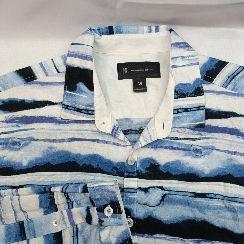 INC International Concepts Mens Blue White Abstract Stripe Linen Blend Shirt‎ M